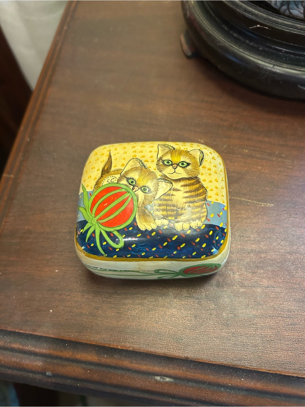 Hand-Painted Cat kittTrinket Box - Yellow Accents Kashmir India
